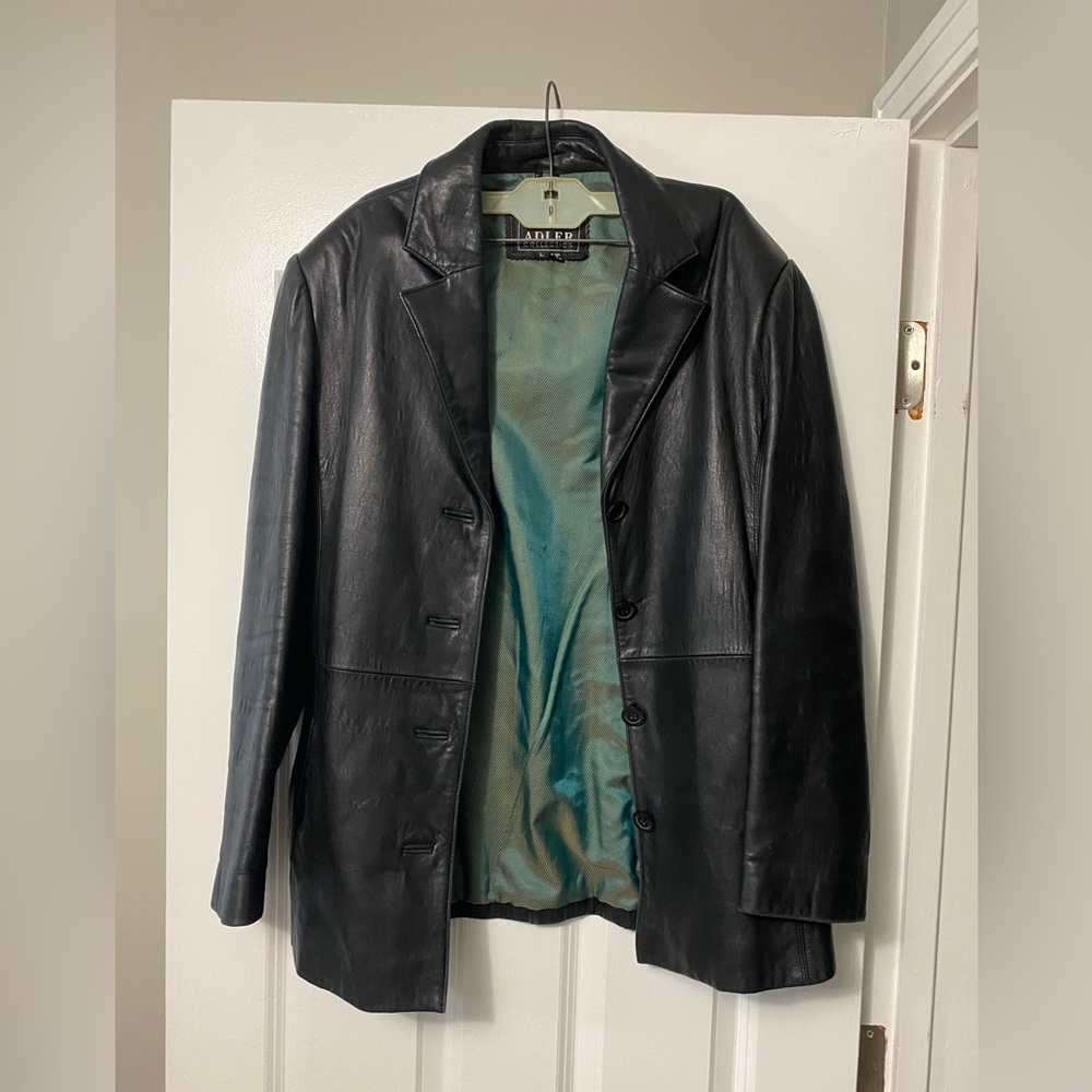 Adler Collection Black Lined Button Genuine Leather Jacket Size L
